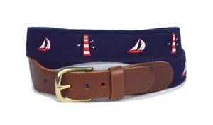 Men's Exclusive Leather Tab Belt-Sailor's Paradise on Navy| Designs by Lillie