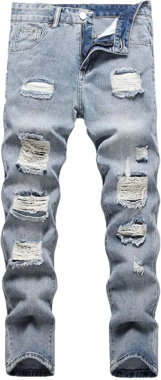 Men's Jean Ripped Slim Fit Straight Leg Denim Pants Stretch Skinny Distressed Comfort Fashion Biker Denim Pants Jeans