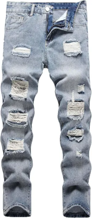 Men's Jean Ripped Slim Fit Straight Leg Denim Pants Stretch Skinny Distressed Comfort Fashion Biker Denim Pants Jeans