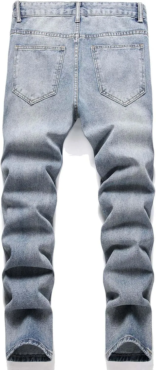 Men's Jean Ripped Slim Fit Straight Leg Denim Pants Stretch Skinny Distressed Comfort Fashion Biker Denim Pants Jeans
