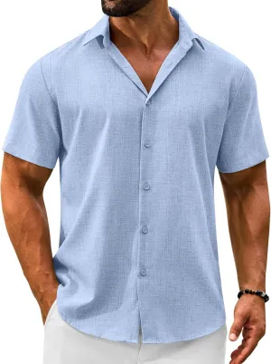 Men's Linen Shirts Short Sleeve Casual Button Down Shirts Summer Beach Wedding Vacation Cotton Tops