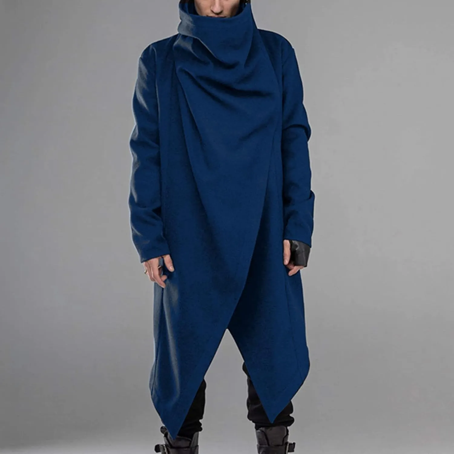Mens Poncho Hooded Cape Cloak Fashion Irregular Hem Hoodie Pullover Overcoat Solid Color Loose Fit Cardigan Jacket