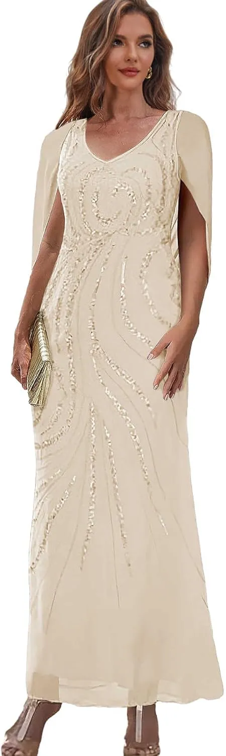 Mermaid Mother of The Bride Dresses for Wedding Sequin Chiffon Formal Evening Dress with Cape