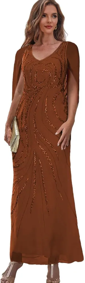 Mermaid Mother of The Bride Dresses for Wedding Sequin Chiffon Formal Evening Dress with Cape