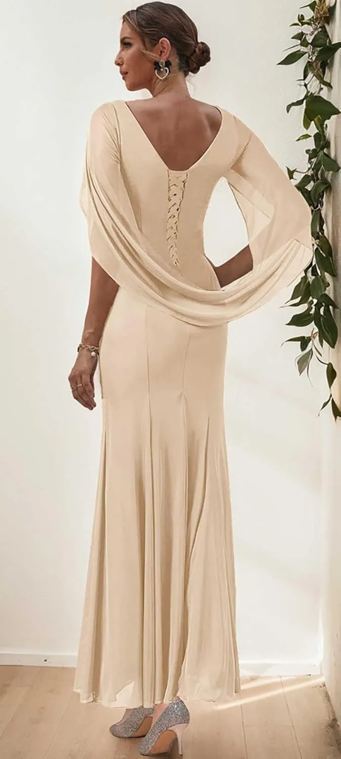 Mermaid Mother of The Bride Dresses for Wedding Sequin Chiffon Formal Evening Dress with Cape