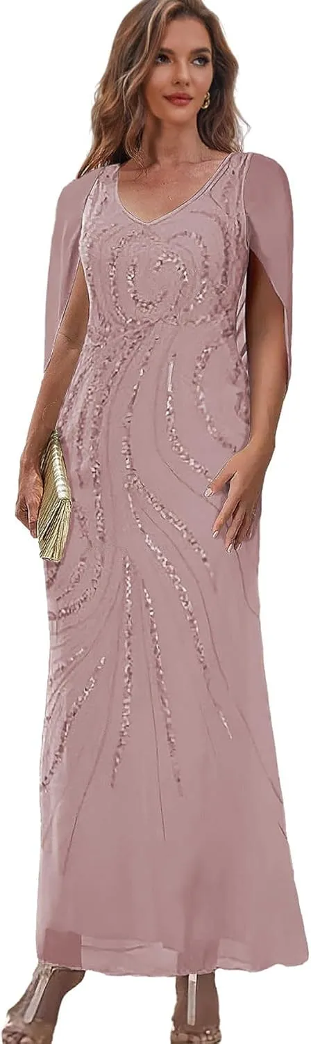 Mermaid Mother of The Bride Dresses for Wedding Sequin Chiffon Formal Evening Dress with Cape