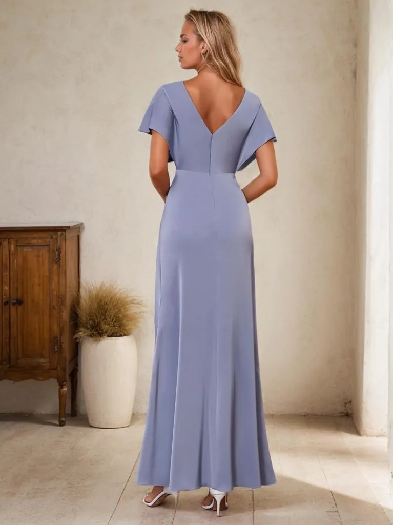 Mermaid Mother of The Bride Dresses with Sleeves V Neck Wedding Guest Formal Dress for Women