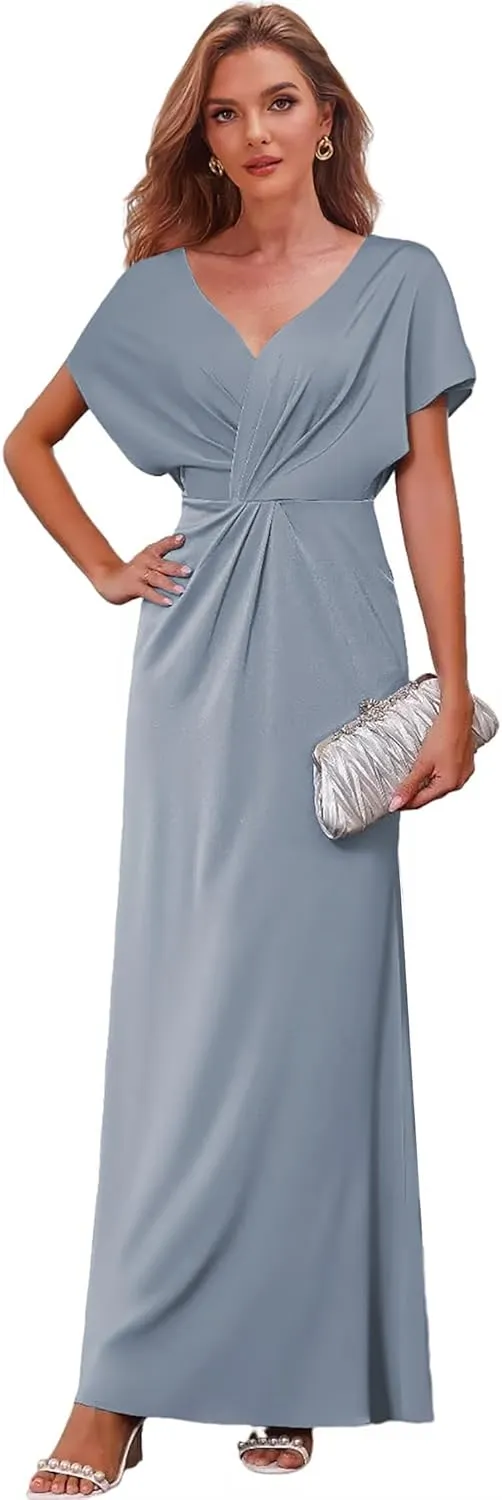 Mermaid Mother of The Bride Dresses with Sleeves V Neck Wedding Guest Formal Dress for Women