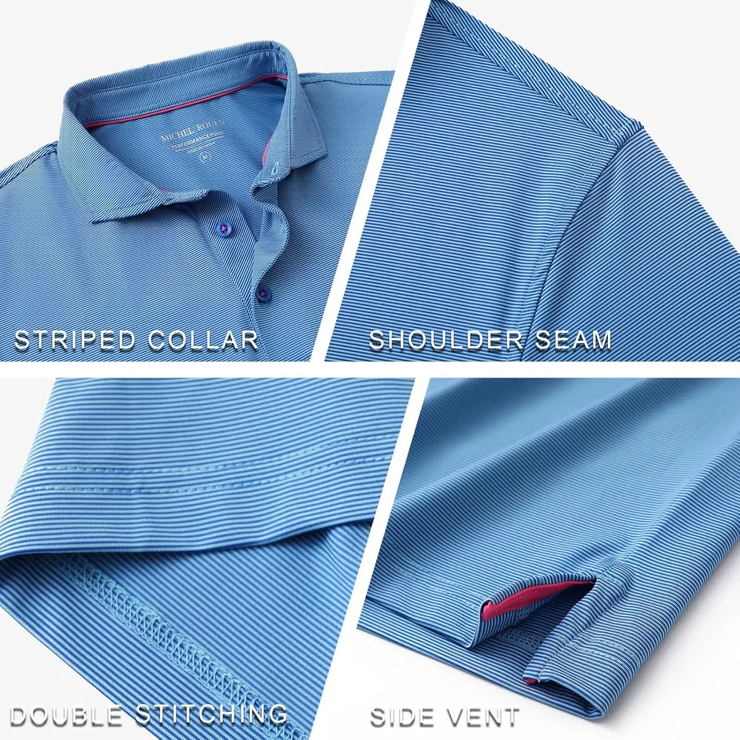 MICHEL ROUEN Golf Shirts for Men Short Sleeve Lightweight Quick Dry Pin Striped Casual Collared Polo Shirts