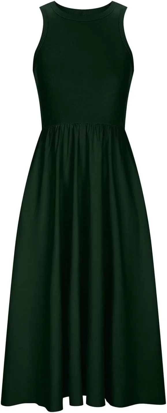 Midi Summer Dresses for Women 2024 Casual Ribbed Loose Fit a Line Dresses Solid Color Sleeveless Long Maxi Dresses