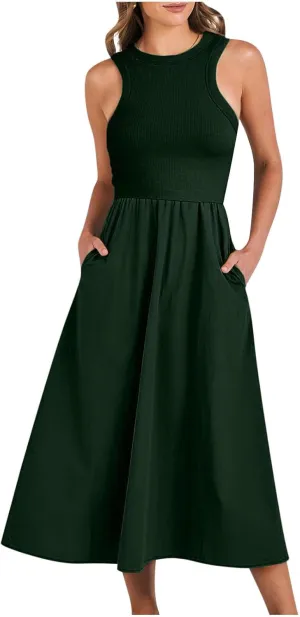 Midi Summer Dresses for Women 2024 Casual Ribbed Loose Fit a Line Dresses Solid Color Sleeveless Long Maxi Dresses