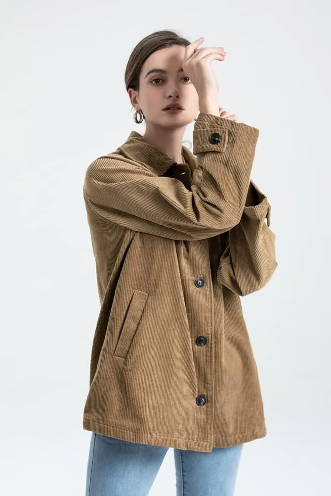 Minibee Women's Corduroy Jackets Long Sleeve Coats Button Down Outwear Tops with Pockets