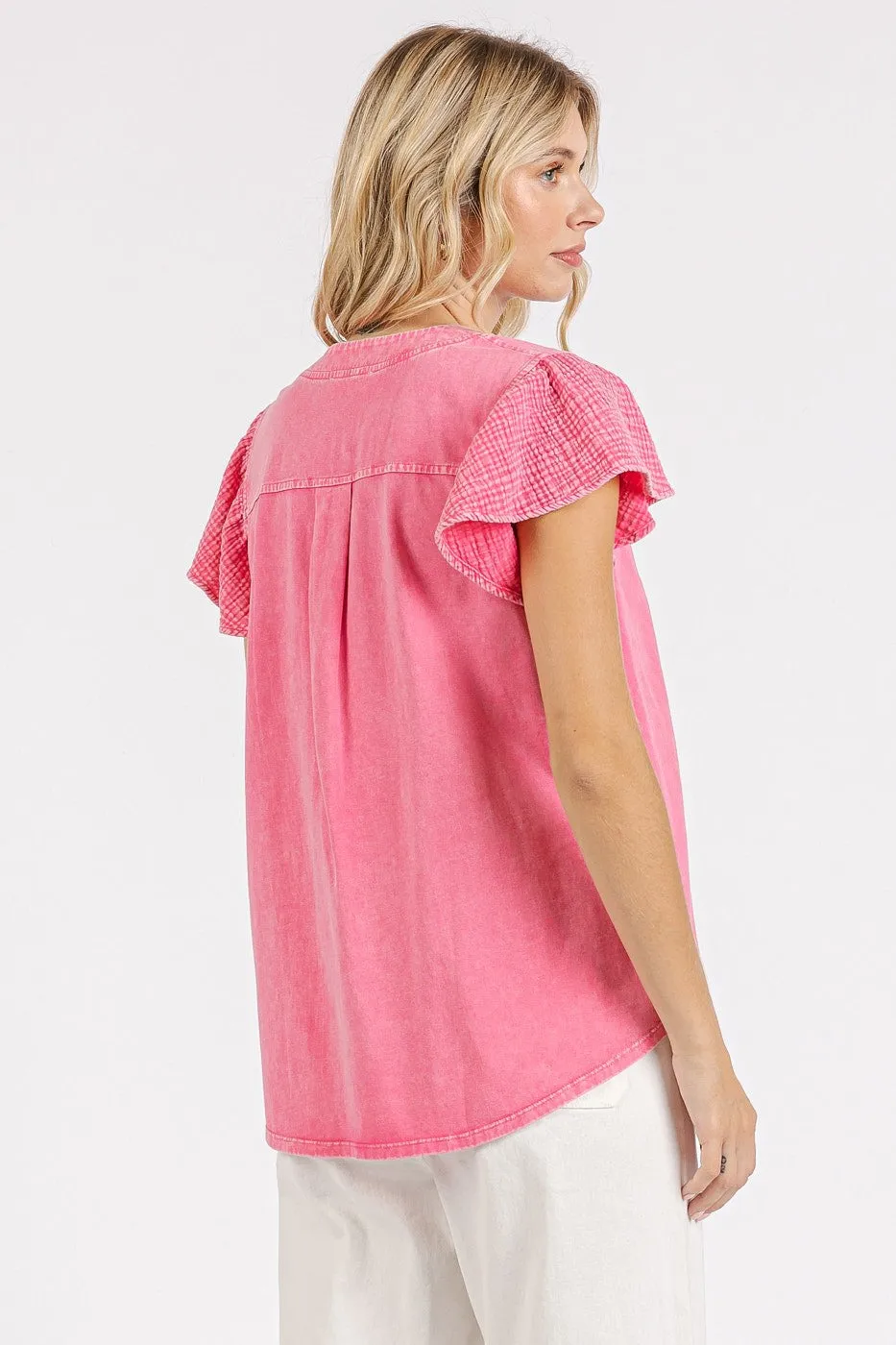Mittoshop Mixed Media Solid Color Mineral Washed Top in Pink Bloom