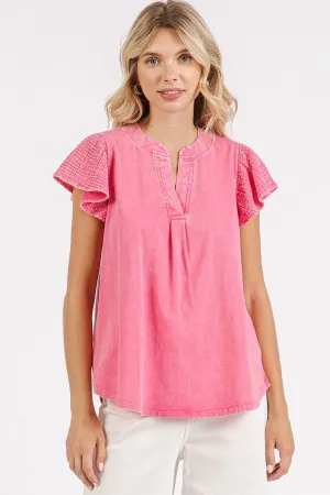 Mittoshop Mixed Media Solid Color Mineral Washed Top in Pink Bloom