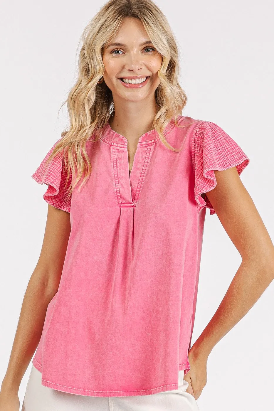 Mittoshop Mixed Media Solid Color Mineral Washed Top in Pink Bloom