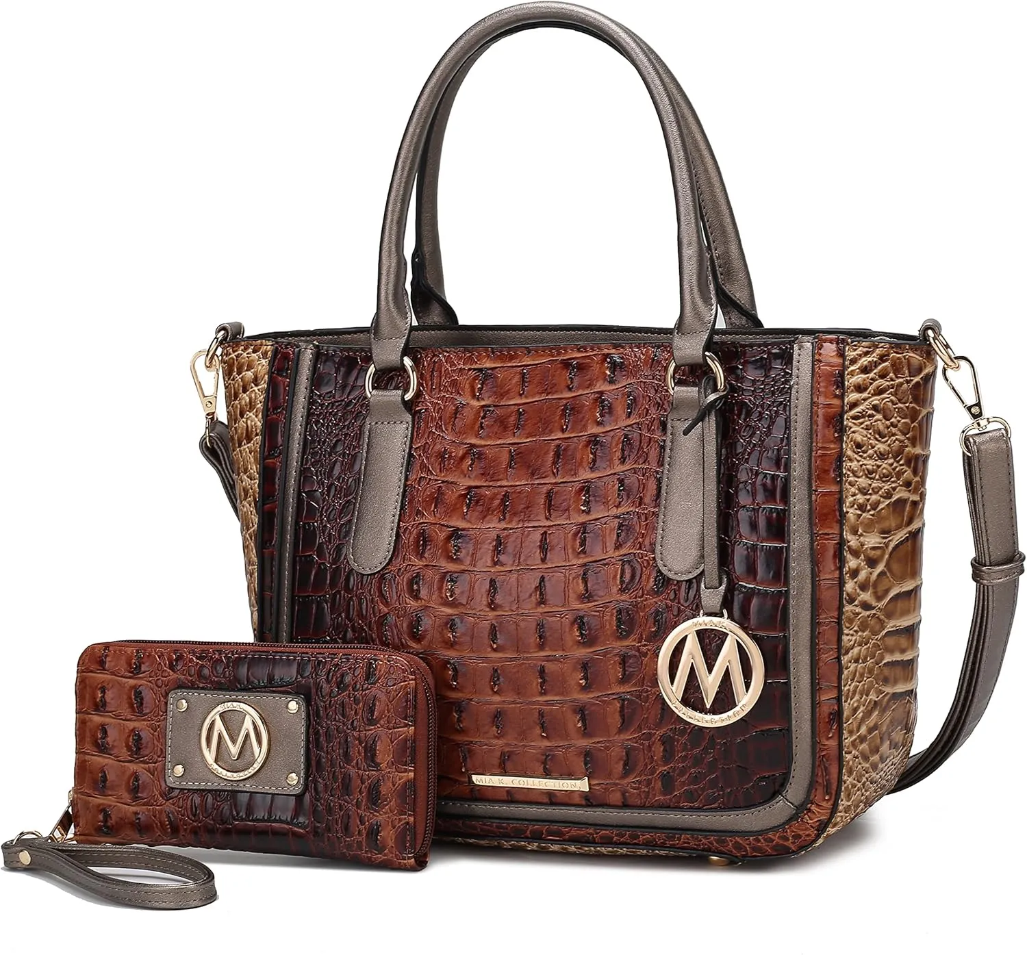 MKF Collection Satchel Bag for Womens,Crocodile Embossed Vegan leather Crossbody Tote Handbag Top-Handle Purse Cognac Brown by Mia k