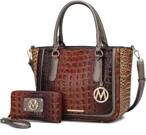MKF Collection Satchel Bag for Womens,Crocodile Embossed Vegan leather Crossbody Tote Handbag Top-Handle Purse Cognac Brown by Mia k