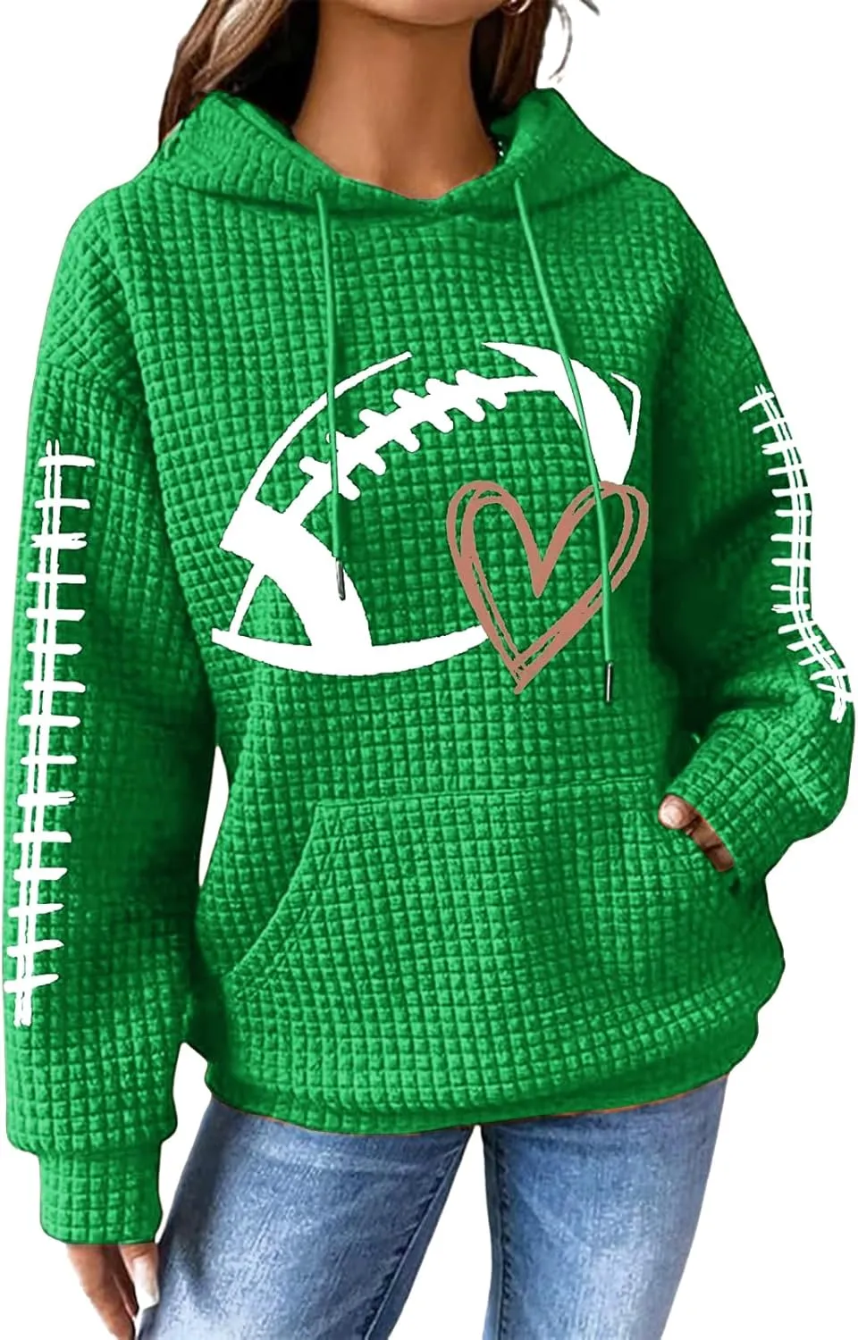 Mmoneyake Game Day Hooded Sweatshirt Women Funny Football Graphic Shirt Waffle Knit Hoodies Long Sleeve Fall Pullover Tops