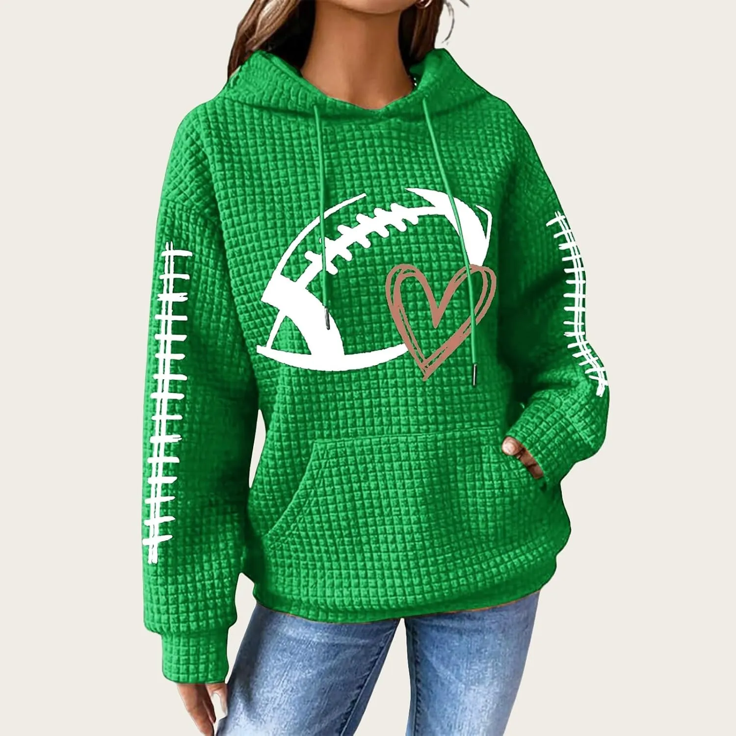 Mmoneyake Game Day Hooded Sweatshirt Women Funny Football Graphic Shirt Waffle Knit Hoodies Long Sleeve Fall Pullover Tops