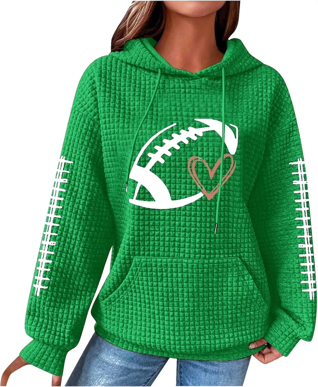 Mmoneyake Game Day Hooded Sweatshirt Women Funny Football Graphic Shirt Waffle Knit Hoodies Long Sleeve Fall Pullover Tops