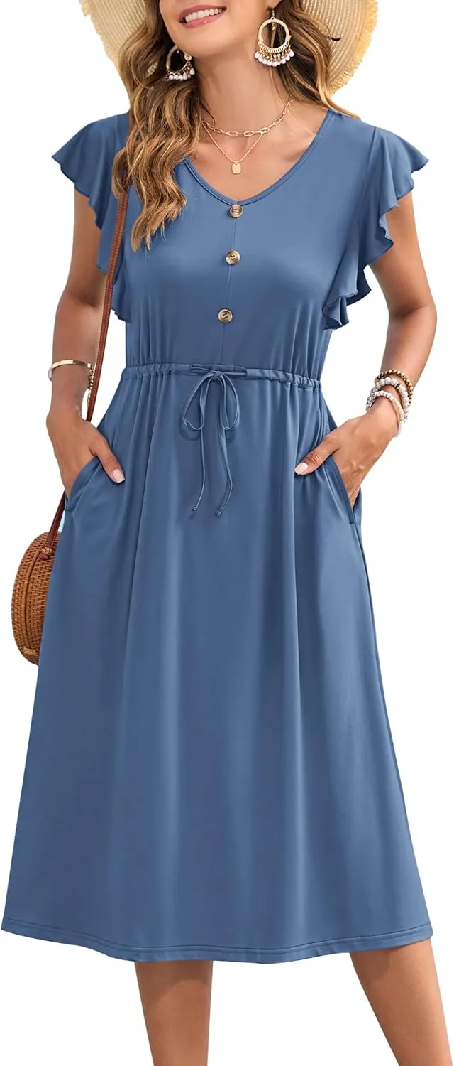 MOLERANI Women's Summer Casual Midi Dress Ruffled Short Sleeve V Neck Button Down 2025 Beach Sundress Travel Vacation Outfits
