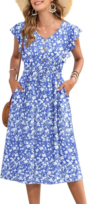MOLERANI Women's Summer Casual Midi Dress Ruffled Short Sleeve V Neck Button Down 2025 Beach Sundress Travel Vacation Outfits