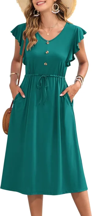 MOLERANI Women's Summer Casual Midi Dress Ruffled Short Sleeve V Neck Button Down 2025 Beach Sundress Travel Vacation Outfits