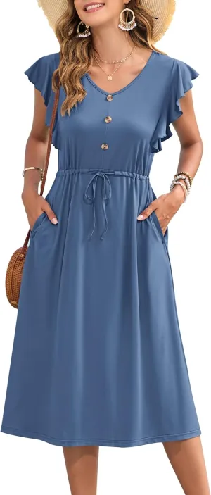 MOLERANI Women's Summer Casual Midi Dress Ruffled Short Sleeve V Neck Button Down 2025 Beach Sundress Travel Vacation Outfits