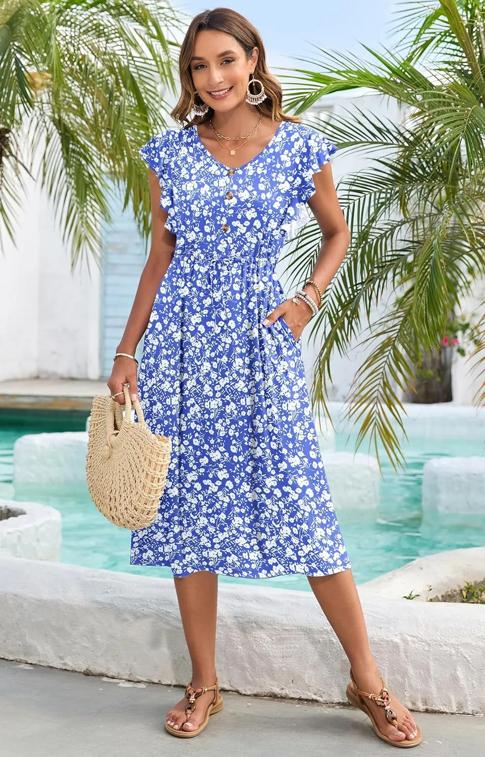 MOLERANI Women's Summer Casual Midi Dress Ruffled Short Sleeve V Neck Button Down 2025 Beach Sundress Travel Vacation Outfits