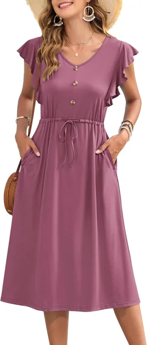 MOLERANI Women's Summer Casual Midi Dress Ruffled Short Sleeve V Neck Button Down 2025 Beach Sundress Travel Vacation Outfits