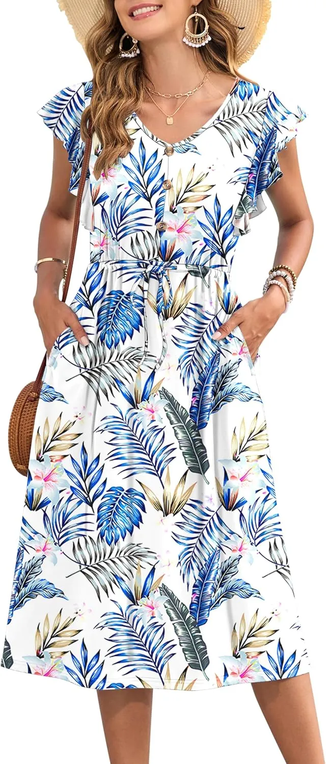MOLERANI Women's Summer Casual Midi Dress Ruffled Short Sleeve V Neck Button Down 2025 Beach Sundress Travel Vacation Outfits