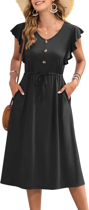 MOLERANI Women's Summer Casual Midi Dress Ruffled Short Sleeve V Neck Button Down 2025 Beach Sundress Travel Vacation Outfits