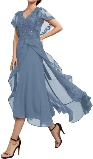 Mother of The Bride Dresses for Women Lace Applique Chiffon Ruffle Sleeve V Neck Formal Evening Dress for Wedding