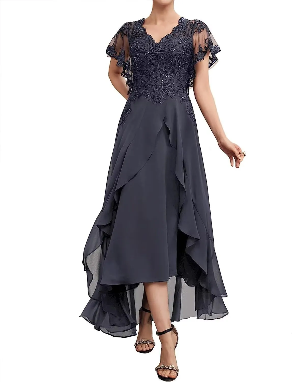 Mother of The Bride Dresses for Women Lace Applique Chiffon Ruffle Sleeve V Neck Formal Evening Dress for Wedding