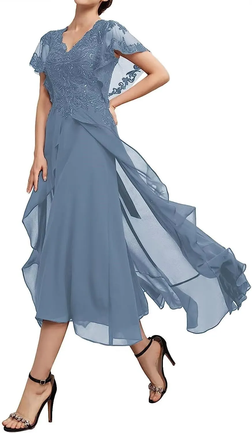 Mother of The Bride Dresses for Women Lace Applique Chiffon Ruffle Sleeve V Neck Formal Evening Dress for Wedding