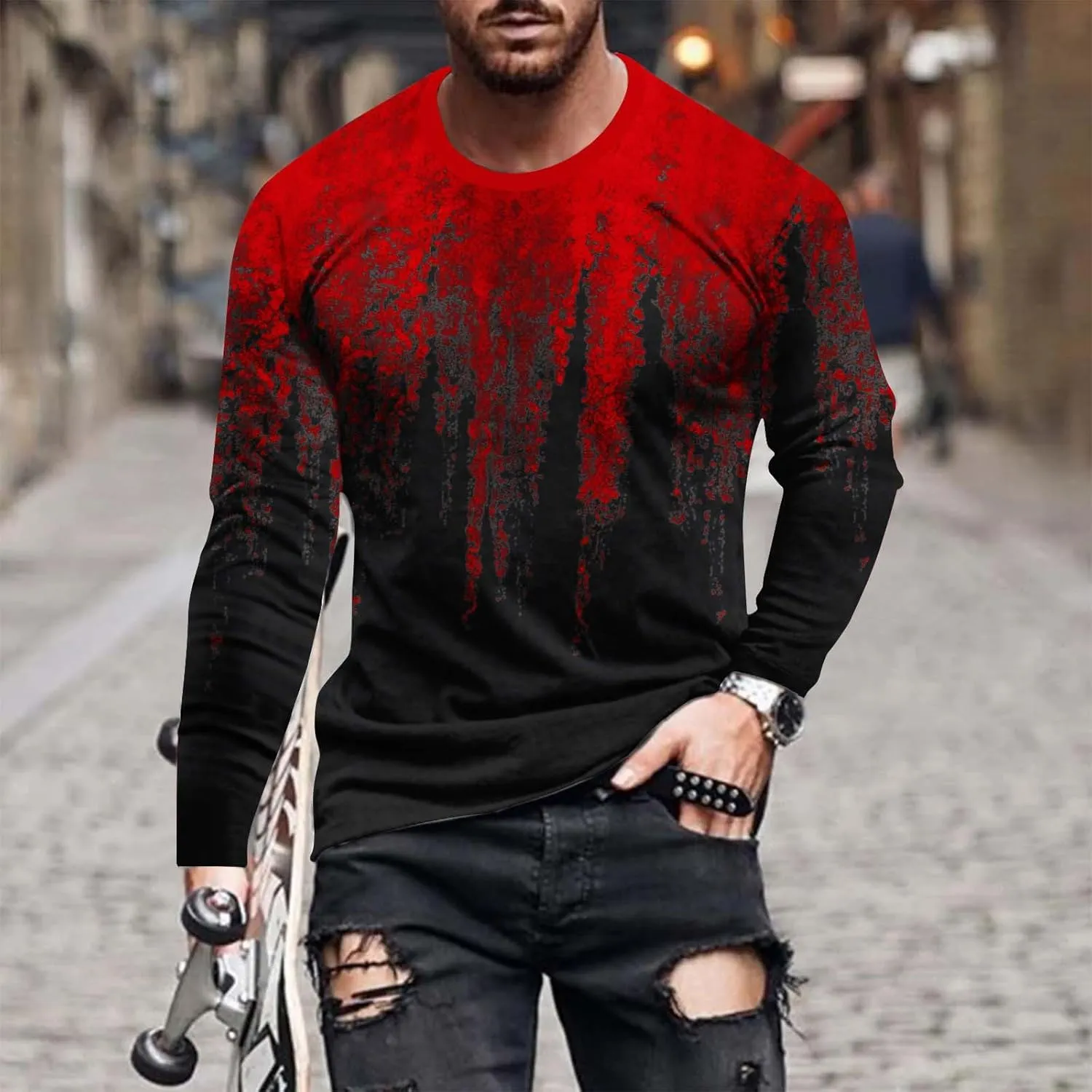 Muscularfit Mens Long Sleeve Shirts Casual Gradient Color Loose Pullover Graphic Tee Shirts Fall Fashion Athletic Sweatshirts