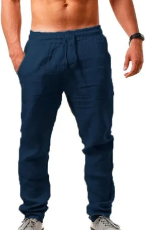 Muyise Men's Casual Linen Pants Elastic Waist Drawstring Loose Fit Jogger Yoga Trousers Quick Dry Lounge Pants with Pockets
