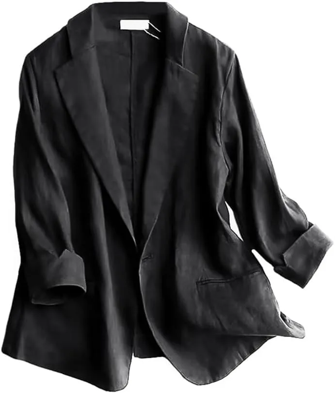 Mywinway Womens Casual 3/4 Sleeve Lightweight Summer Spring Cotton Linen Blazer Jackets