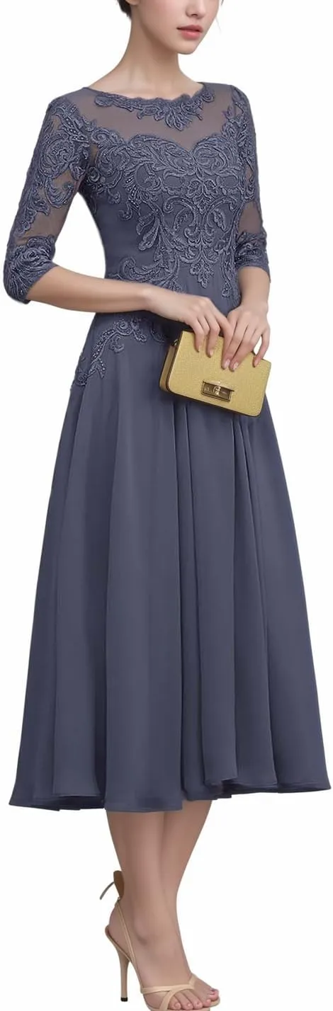 NABN Mother of The Bride Dress with 1/2 Sleeves Chiffon Formal Evening Gown Lace Wedding Guest Dress for Women