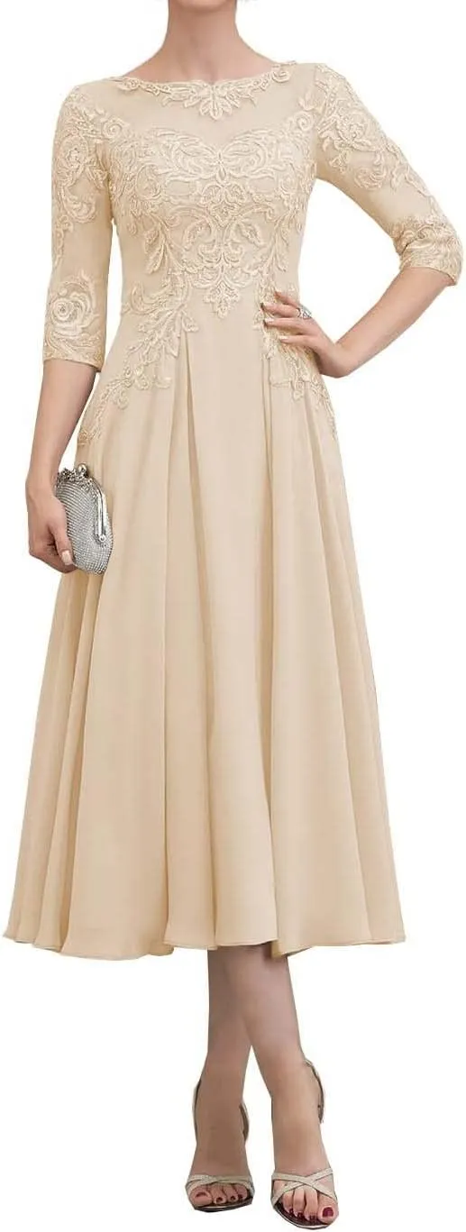 NABN Mother of The Bride Dress with 1/2 Sleeves Chiffon Formal Evening Gown Lace Wedding Guest Dress for Women