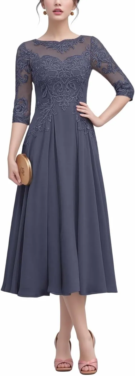 NABN Mother of The Bride Dress with 1/2 Sleeves Chiffon Formal Evening Gown Lace Wedding Guest Dress for Women