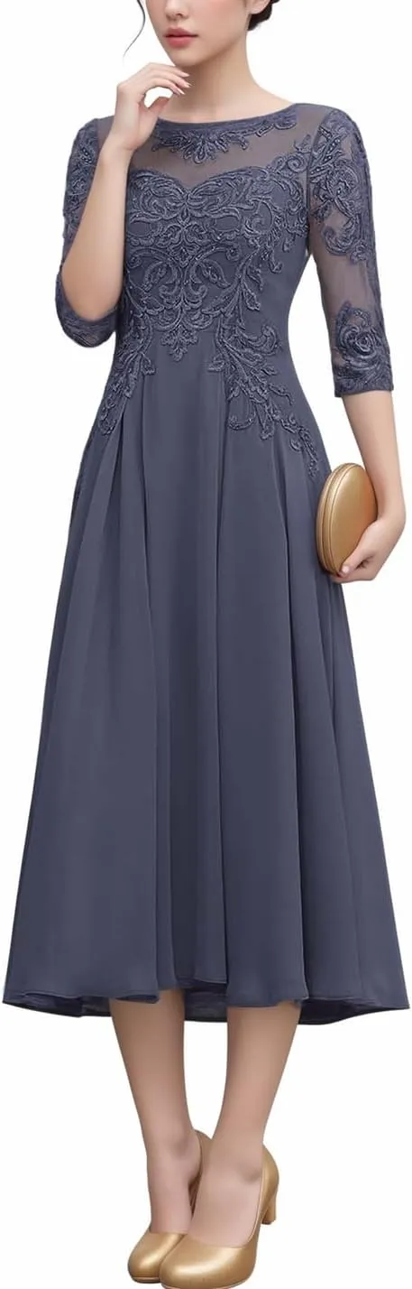 NABN Mother of The Bride Dress with 1/2 Sleeves Chiffon Formal Evening Gown Lace Wedding Guest Dress for Women
