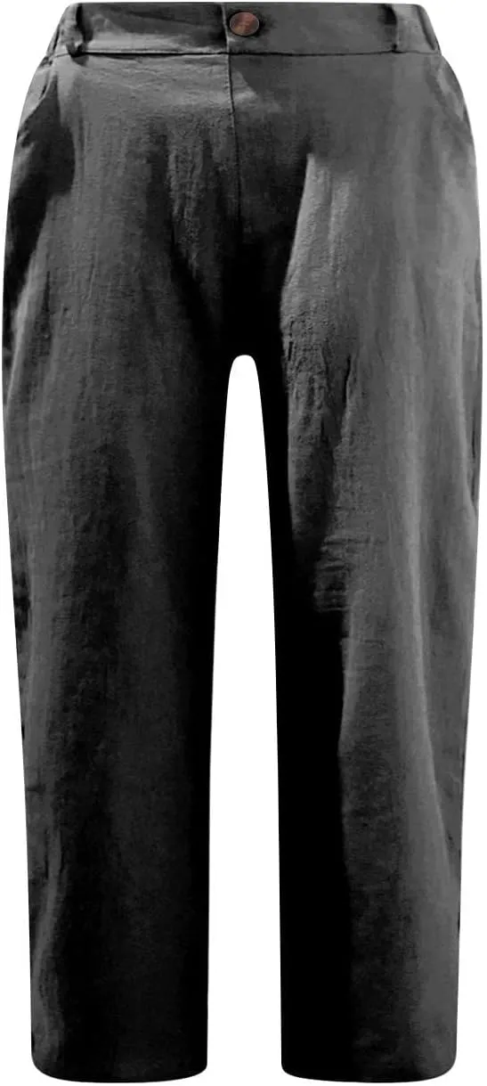 NATHGAM Linen Pants for Women Summer Casual Elastic High Waist Button Capris Pant Straight Wide Leg Cropped Trousers Pockets