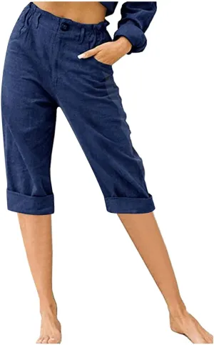NATHGAM Linen Pants for Women Summer Casual Elastic High Waist Button Capris Pant Straight Wide Leg Cropped Trousers Pockets
