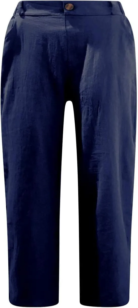 NATHGAM Linen Pants for Women Summer Casual Elastic High Waist Button Capris Pant Straight Wide Leg Cropped Trousers Pockets