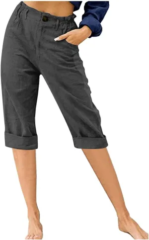 NATHGAM Linen Pants for Women Summer Casual Elastic High Waist Button Capris Pant Straight Wide Leg Cropped Trousers Pockets