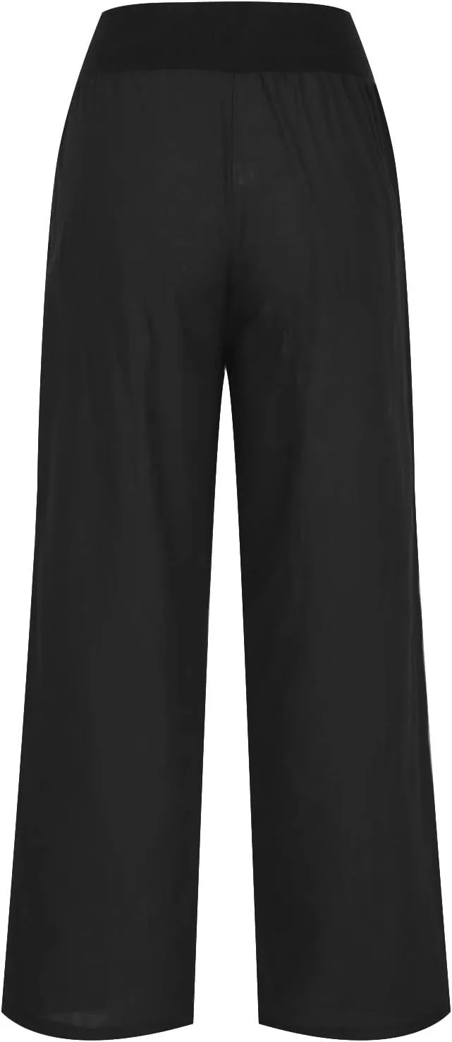 NATHGAM Linen Pants for Women Summer Elastic High Waist with Pockets Straight Palazzo Pants Beach Wide Leg Pant Trousers