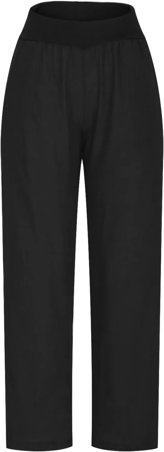 NATHGAM Linen Pants for Women Summer Elastic High Waist with Pockets Straight Palazzo Pants Beach Wide Leg Pant Trousers