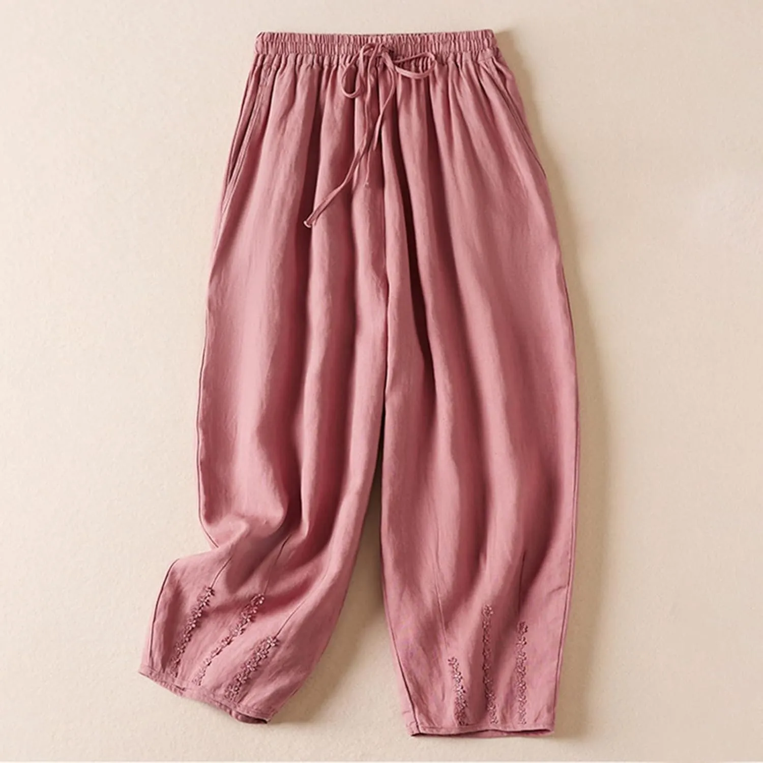 NATHGAM Womens Linen Pants Flowy Summer High Waisted Wide Leg Pant with Pockets Lounge Trousers Casual Palazzo Harem Pants