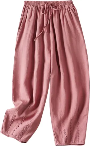 NATHGAM Womens Linen Pants Flowy Summer High Waisted Wide Leg Pant with Pockets Lounge Trousers Casual Palazzo Harem Pants